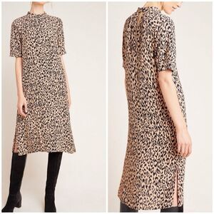 Anthropologie Mackenzie Mock Neck Tunic Dress Leopard Print Short Sleeve Midi XS